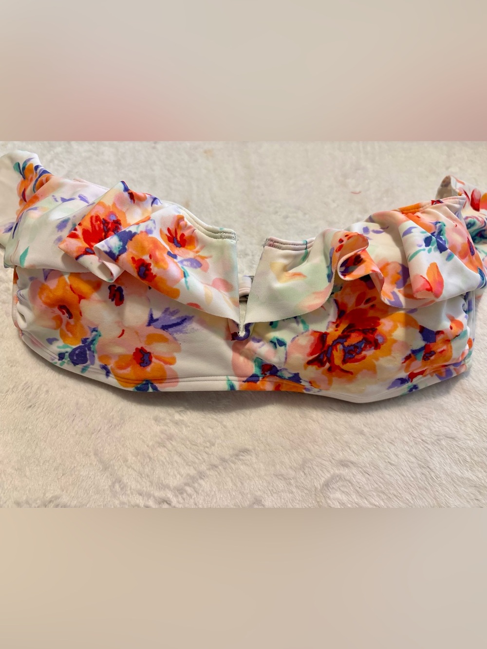 Gilly Hicks Floral Ruffle Bandeau Swim Top - White with Orange, Purple, Pink - Picture 1 of 6